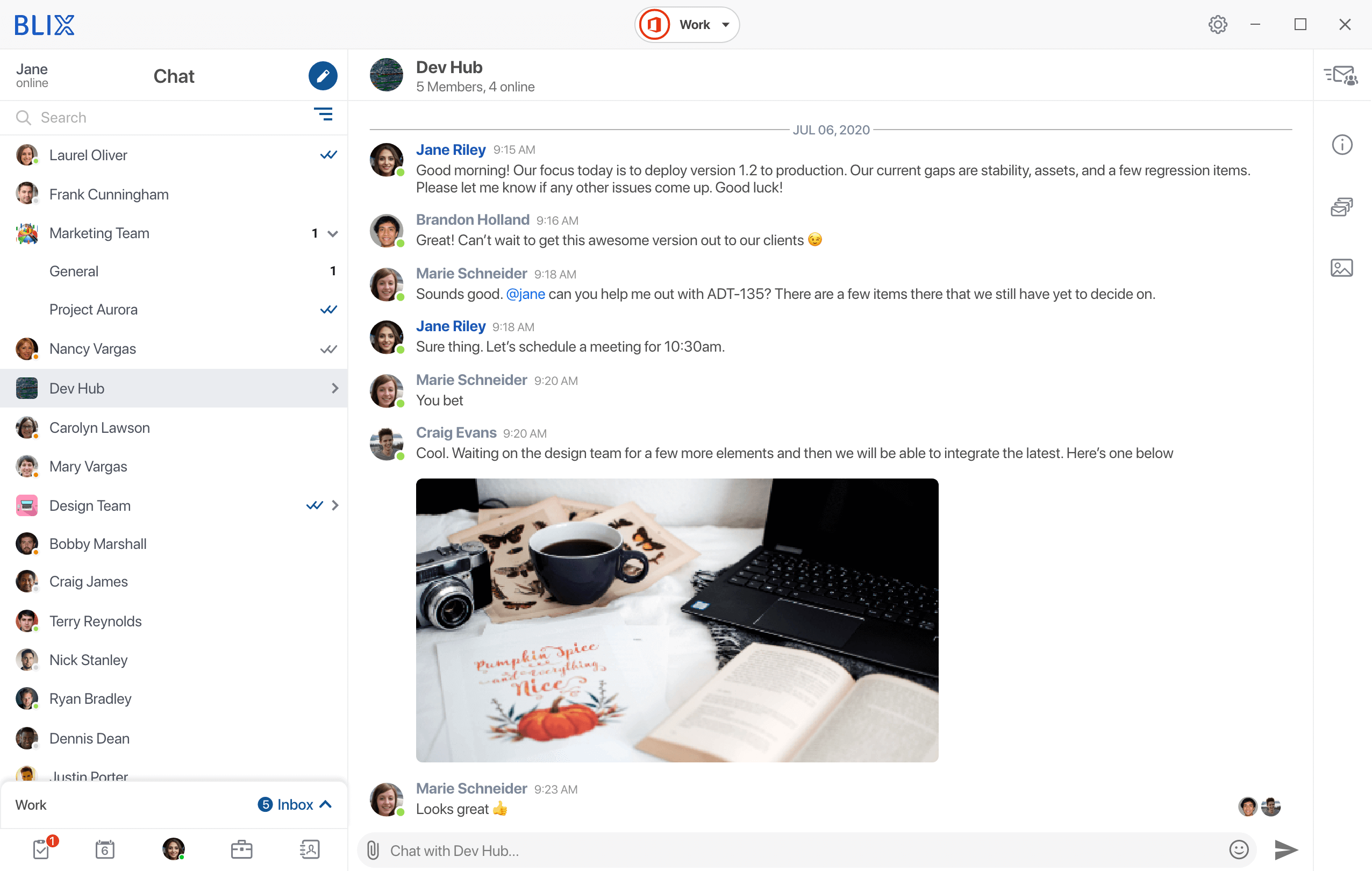 Blix chat right pane alongside the inbox