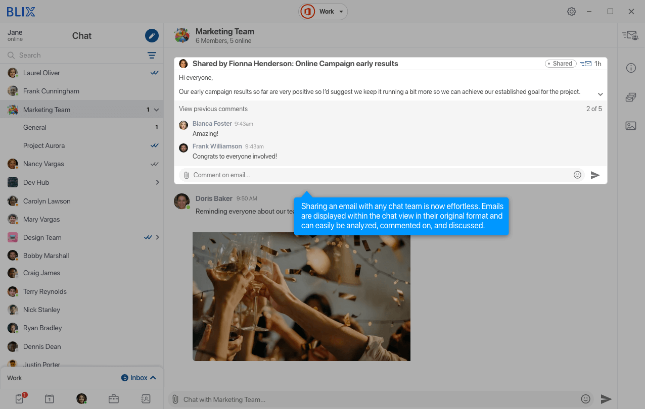 Sharing an email with a chat team in Blix