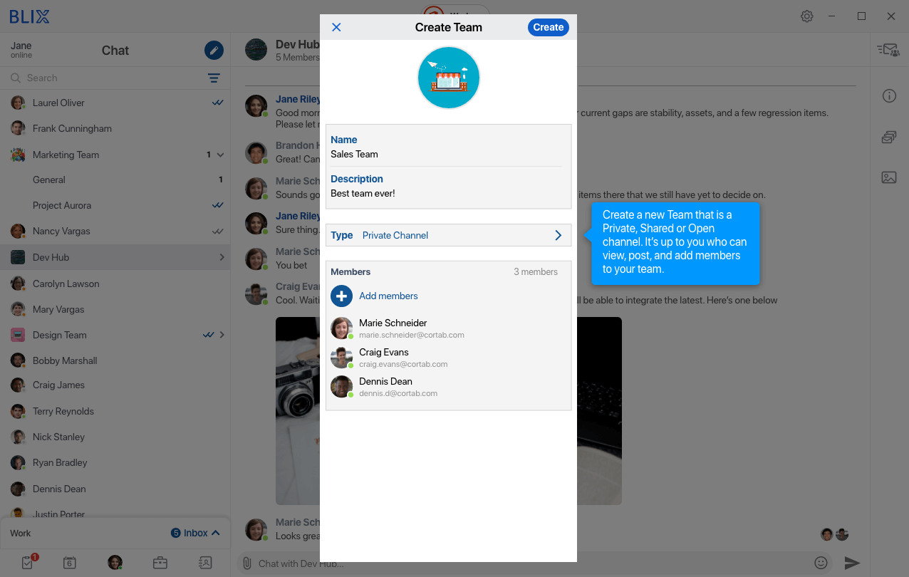 Creating teams and channels in Blix chat