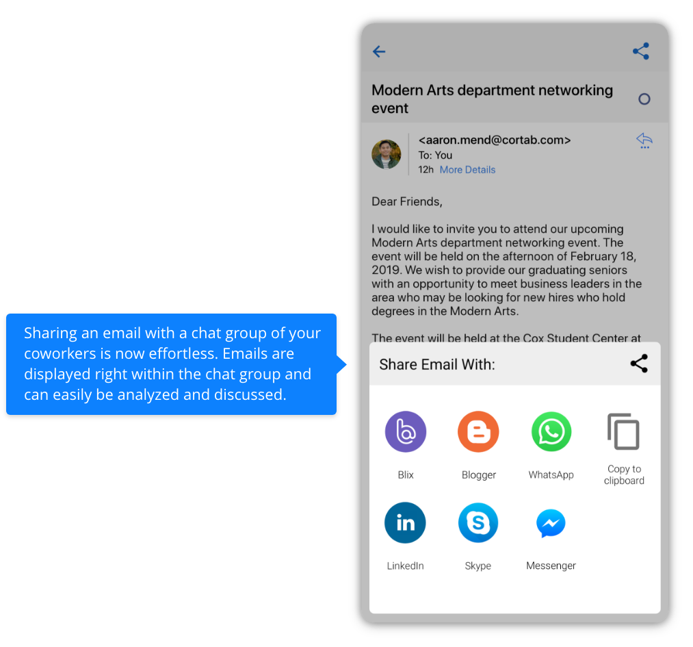Sharing an email with a chat team in Blix on mobile